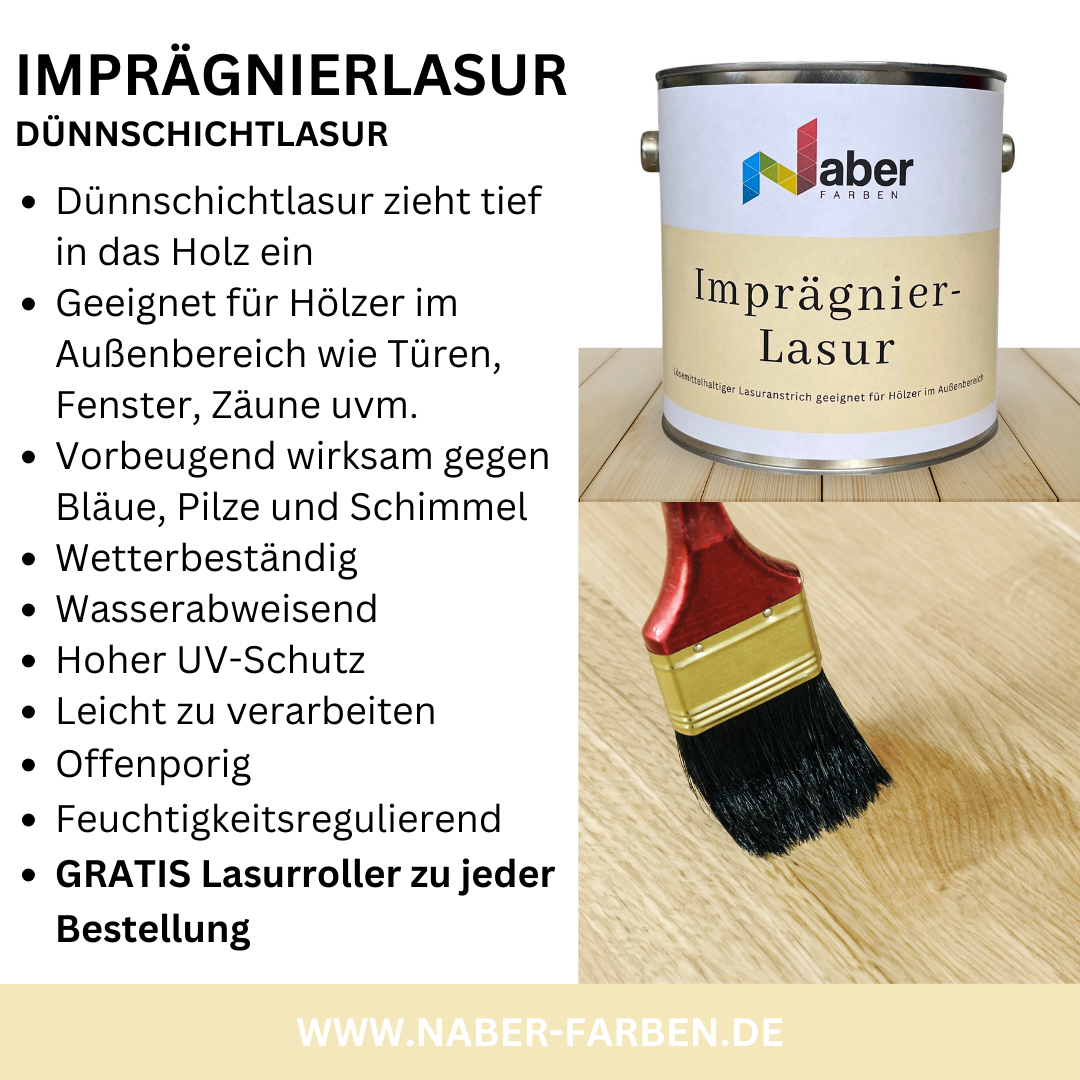 2,5 L Imprägnierlasur für Holz, Dünnschichtlasur, Wetterbeständig, Wasserabweisend, Farbwahl, GRATIS Lasurroller