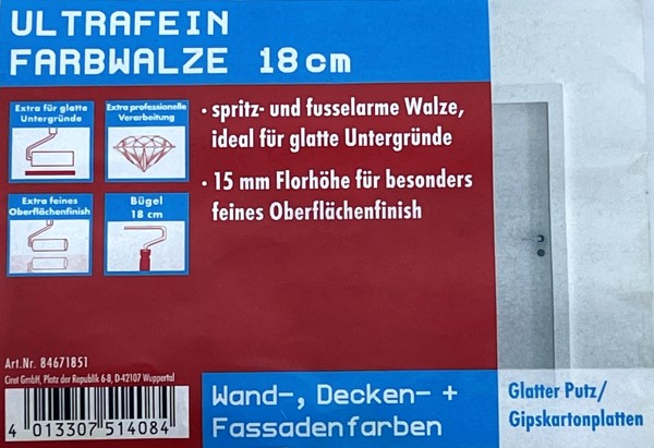 10 x 18 cm Ultrafein Farbwalze mit Griff, für alle Untergründe