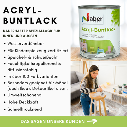 1 L Acryl Buntlack, Möbellack, Spielzeugfarbe, Holzlack, RAL Farbwahl - SEIDENMATT (RAL 1000 - 6007)