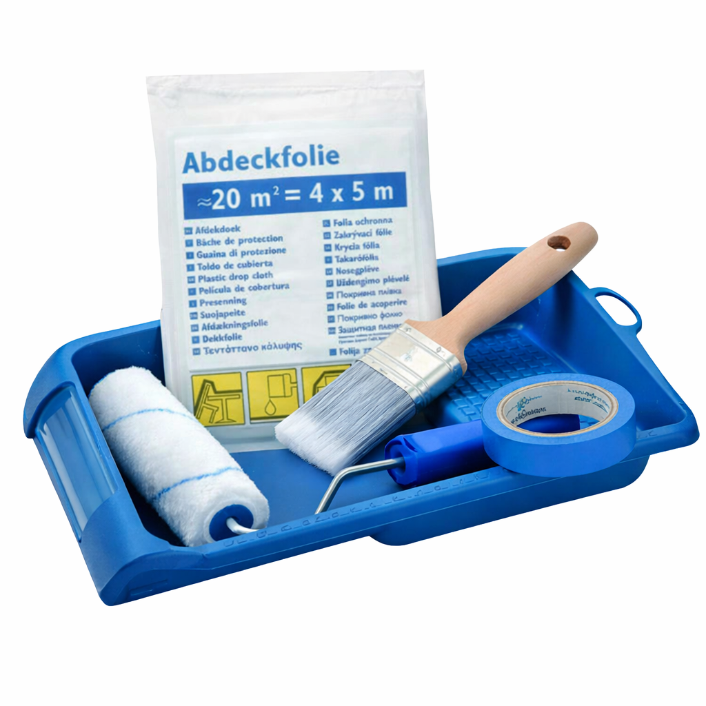 Kleines Streichset Komplett 5-teilig – Kleine Farbwanne, Lackierwalze 10 cm, Pinsel 40 mm, Abdeckband & Folie