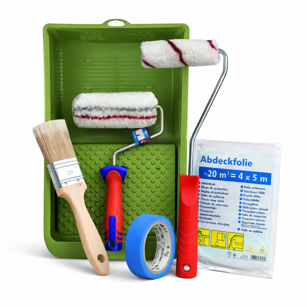 Großes Streichset Komplett 6-teilig – Große Farbwanne, Farbroller 18 cm, Farbroller 10 cm, Pinsel 40 mm, Abdeckband & Folie