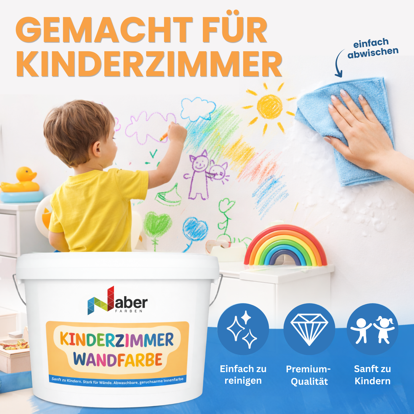5 L Kinderzimmer Wandfarbe, Kinderzimmerfarbe, Abwaschbare Innenfarbe, Scheuerbeständig, RAL Farbwahl - MATT