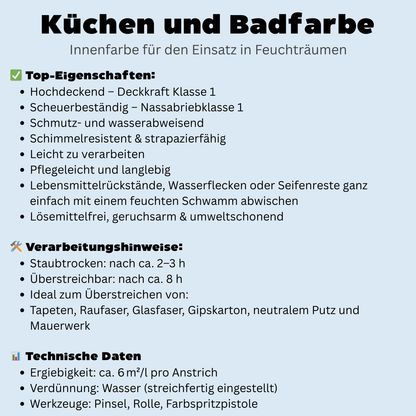 375 ml Küchen und Badfarbe, Hochdeckend, Abwischbar, Schimmelresistent, Feine Farben, Farbwahl - MATT