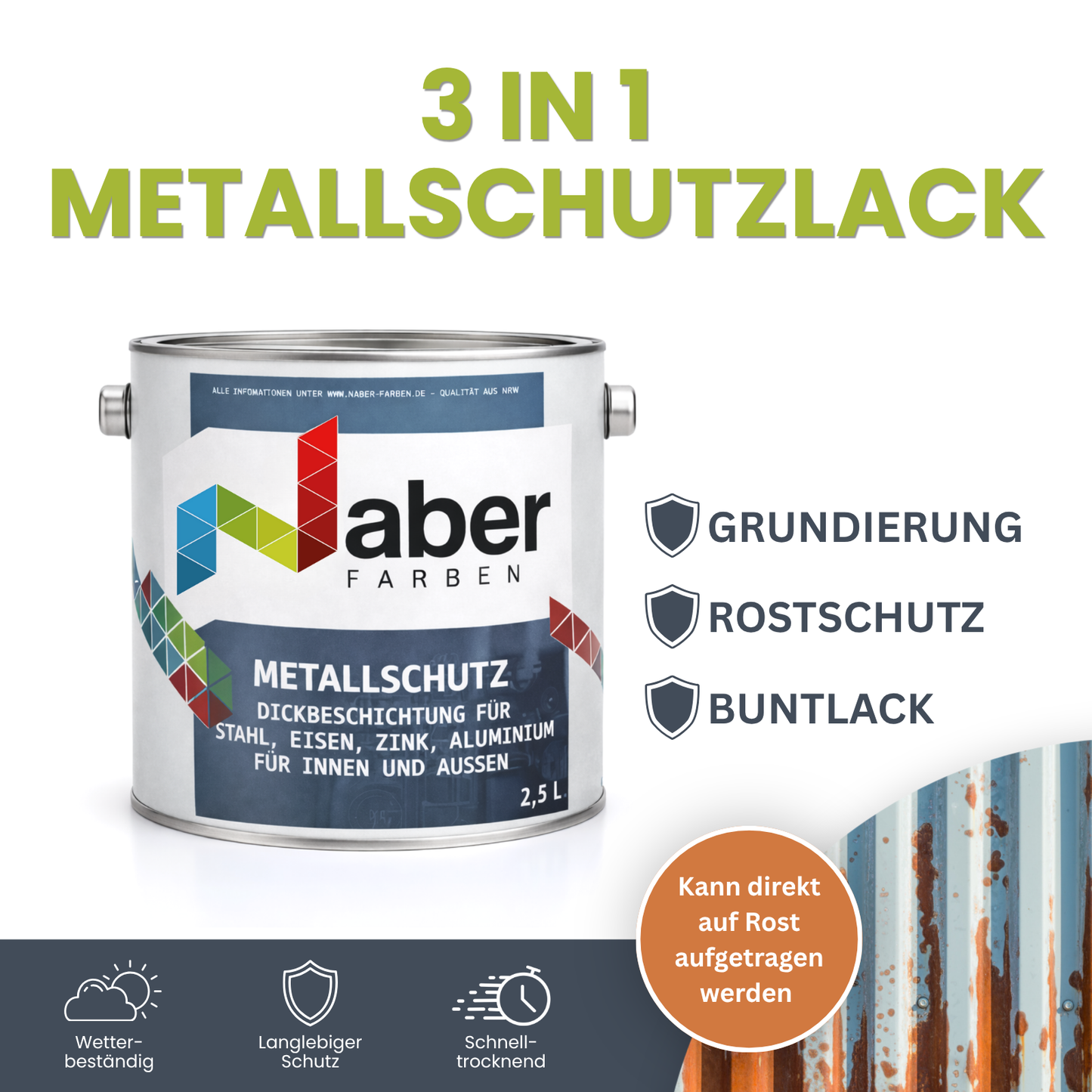 2,5 L Metallschutzlack 3 in 1, Rostschutz + Grundierung, RAL Farbwahl - SEIDENMATT