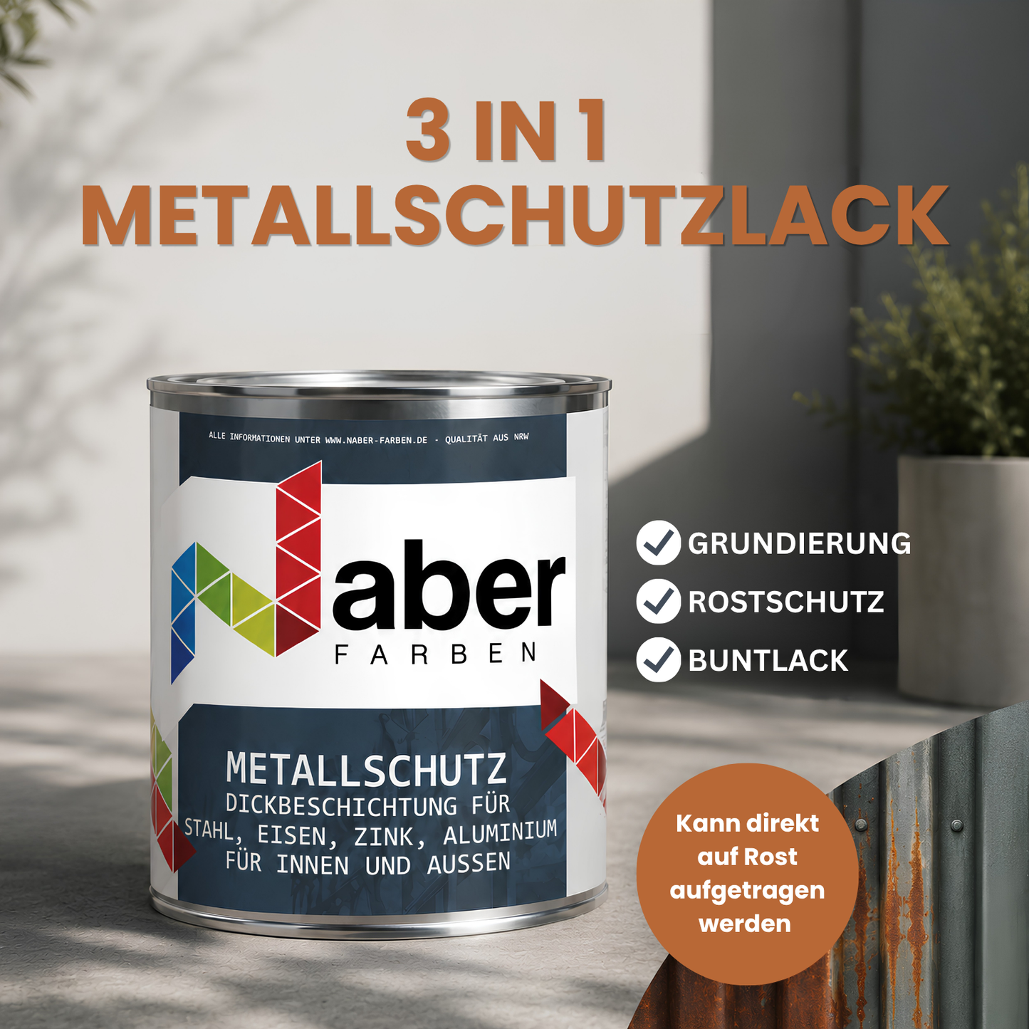 2,5 L Metallschutzlack 3 in 1, Rostschutz + Grundierung, RAL Farbwahl - SEIDENMATT