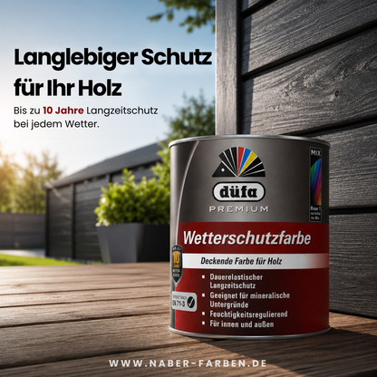 2,5 L düfa PREMIUM Wetterschutzfarbe – Hochdeckende Holzfarbe für Innen & Außen | Bis zu 10 Jahre Langzeitschutz, Farbwahl - Seidenglanz