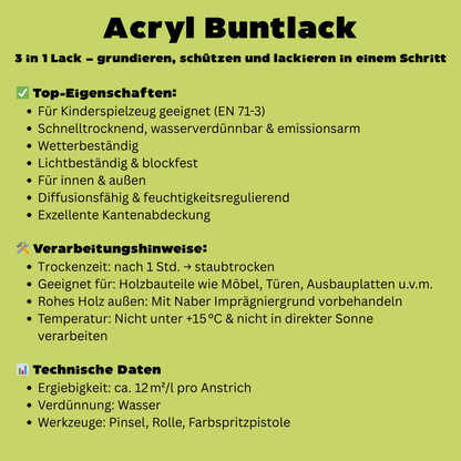 375 ml Acryl Buntlack, 3 in 1, Möbellack, Spielzeugfarbe, Holzlack, RAL Farbwahl - Seidenmatt