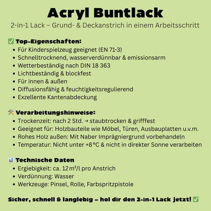 Acryl Buntlack, Möbellack, Spielzeugfarbe, Holzlack, Farbwahl, Profi-Qualität - Seidenmatt