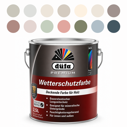 2,5 L düfa PREMIUM Wetterschutzfarbe – Hochdeckende Holzfarbe für Innen & Außen | Bis zu 10 Jahre Langzeitschutz, Farbwahl - Seidenglanz
