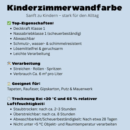 10 L Kinderzimmer Wandfarbe, Kinderzimmerfarbe, Abwischbar, Scheuerbeständig, RAL Farbwahl - MATT