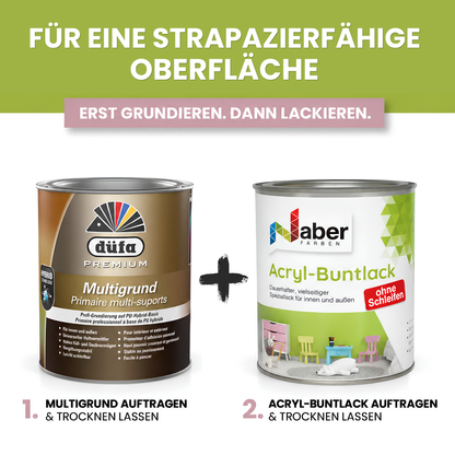 Acryl Buntlack 3 in 1, Wasserbasierter Holz- & Möbellack ohne Schleifen, Wasserbasiert, Farbwahl - Seidenmatt