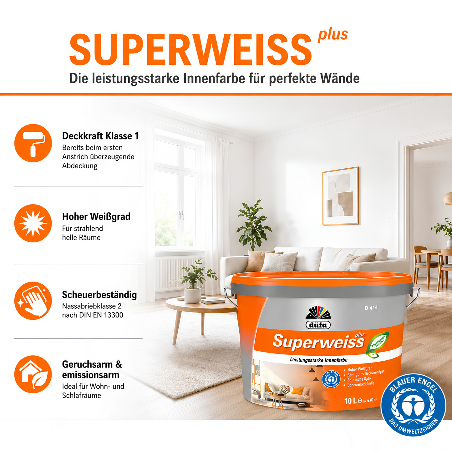 Düfa Superweiss Plus Innenfarbe Weiß – Deckenfarbe & Wandfarbe, hochdeckend, matt, konservierungsmittelfrei