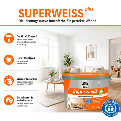 Düfa Superweiss Plus Innenfarbe Weiß – Deckenfarbe & Wandfarbe, hochdeckend, matt, konservierungsmittelfrei